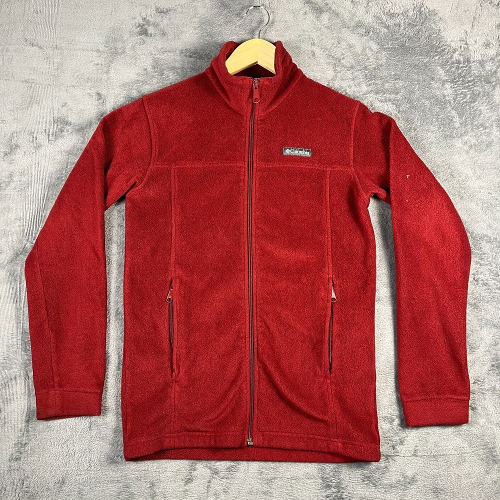 Columbia Fleece Jacket Boys L Red Full Zip Mock Neck Logo Outdoor Warm Winter